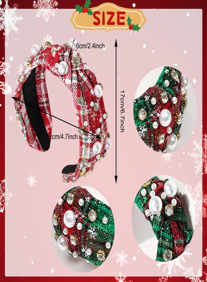 Koeilay 2 Pcs Christmas Headbands for Women Pearl Rhinestone Knot Headband Xmas Crystal Jeweled Hair Band Bow Wide Top Knotted Headband Christmas Hair Accessories Holiday Party Outfits(Snowflake Plaid) - Image 2